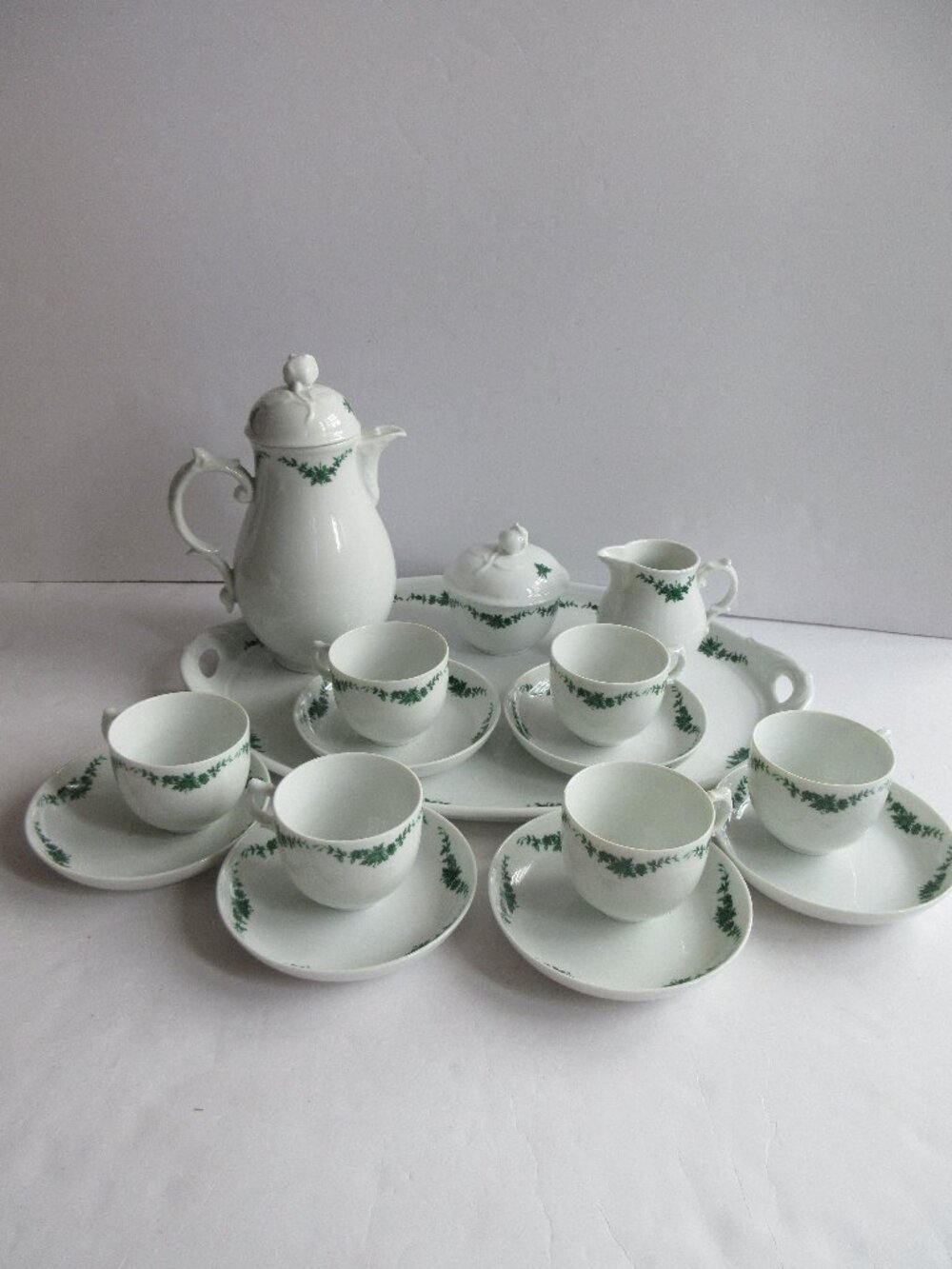 16 Pc Furstenberg Germany Porcelain China Coffee Set Green Garland Vtg 1960s